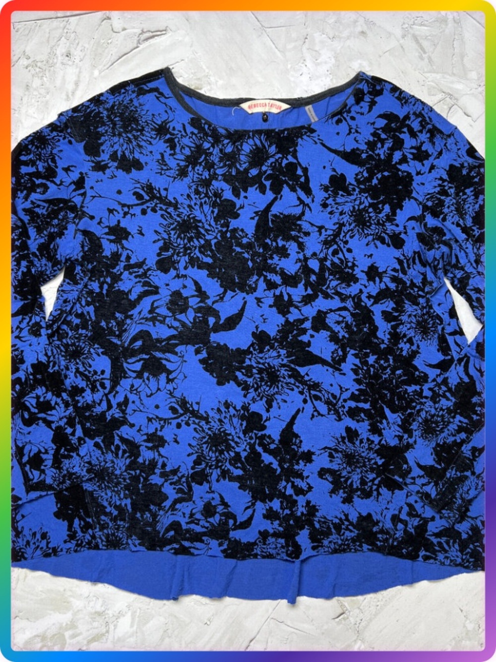 Rebecca Taylor Velvet Floral Blouse SIZE M Blue Black Long Sleeve Textured Top